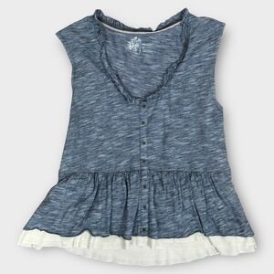 Pilcro Anthropologie Blue Striped Ruffled Peplum Sleeveless Button Front Top XS